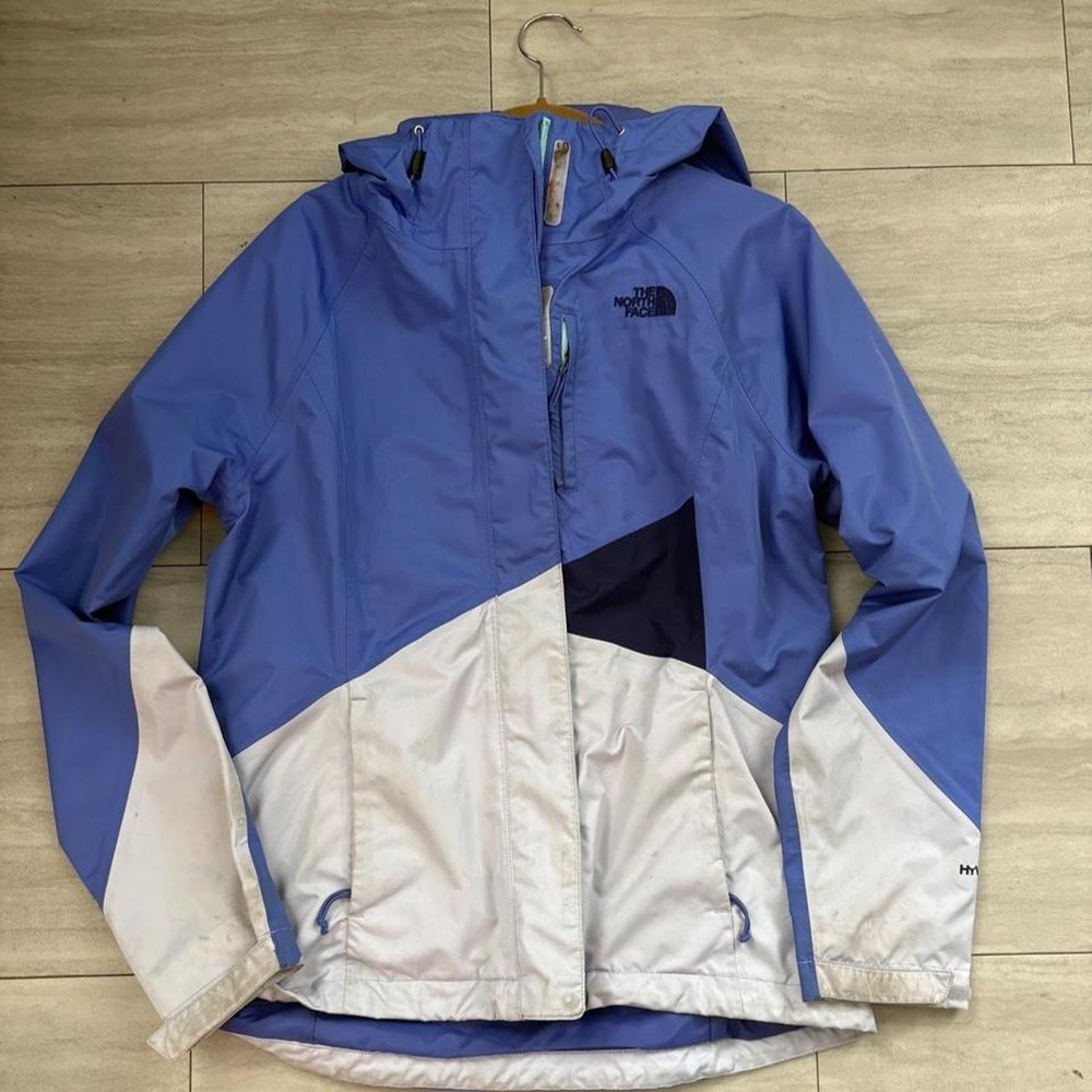 The North Face Womens HyVent Blue White Colorblock Hooded Windbreaker Jacket S